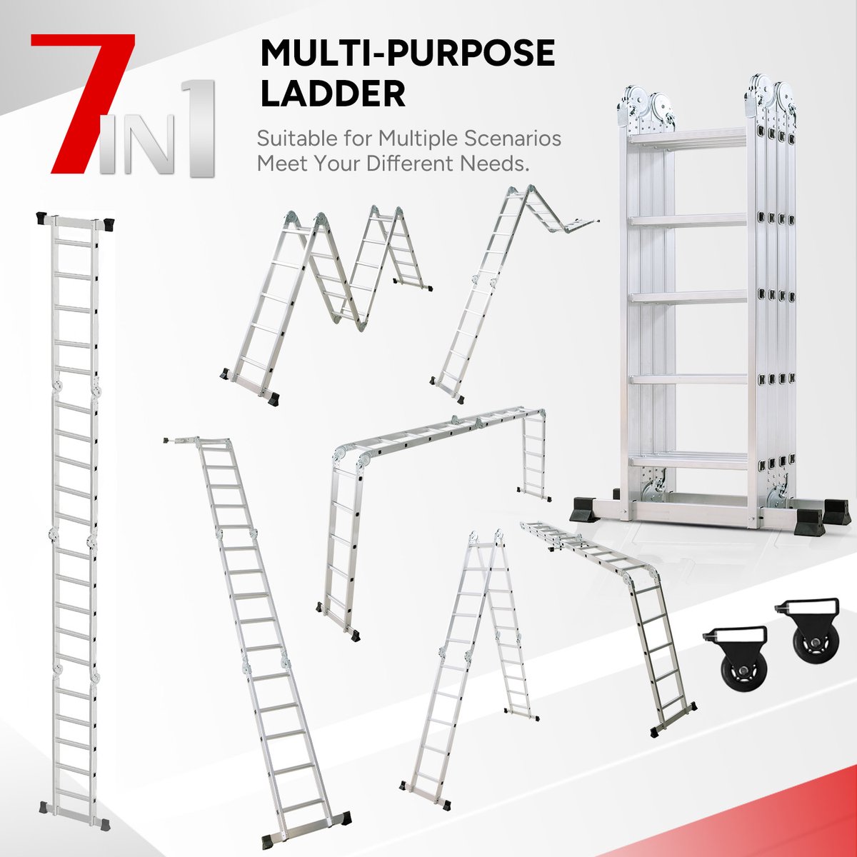 OUTIGO Multifunctionele ladder - 5,7 meter - 7 in 1 - opvouwbaar - aluminium - met 2 wielen - geschikt voor huishoudelijk gebruik - 20treden – foto 7