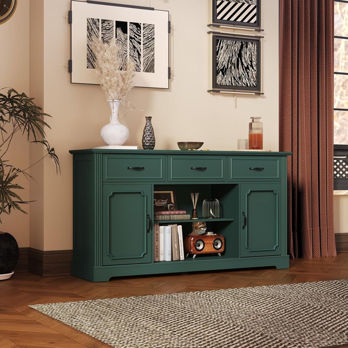 TV-meubel retro groen 147x39,5x80,5 cm – Lowboard kast met 3 laden, 2 deuren en 3 open vakken – Tv-tafel voor woonkamer, slaapkamer en eetkamer – ABKANTOOR