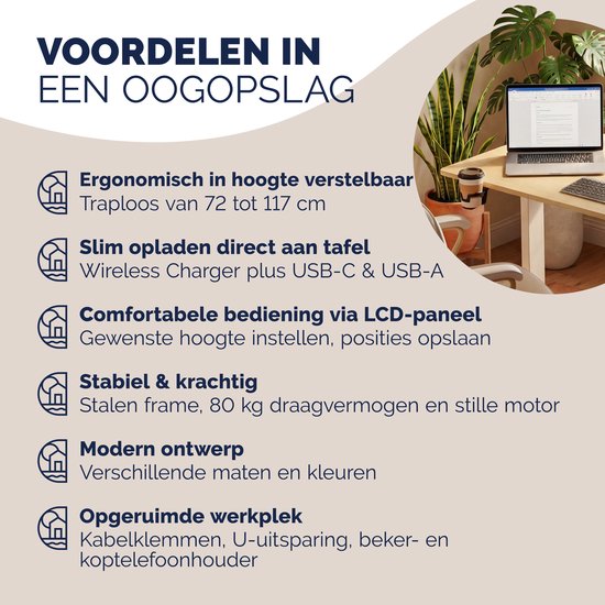 Bureau assis-debout Casaria - Réglable électriquement USB 140x60cm – Beige