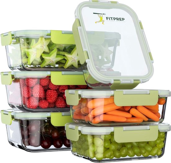 Fitprep Meal Prep Bakjes Glas - Glazen Vershoudbakjes met Deksel - Vershoudbakjes set met deksel - 6 Glazen Bakjes - Lucht & Waterdicht - 3 x 1040 ml + 3 x 370 ml - Tot 600 °C