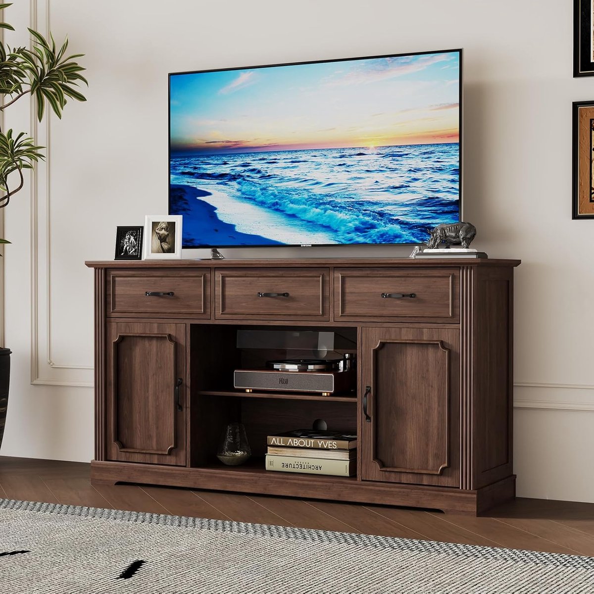 Tv-meubel Lowboard 150x80 cm – Retro Houten TV-kast met 3 Laden, 2 Gesloten en 3 Open Vakken, Bruin – Voor Woonkamer, Slaapkamer en Eetkamer – ABKANTOOR