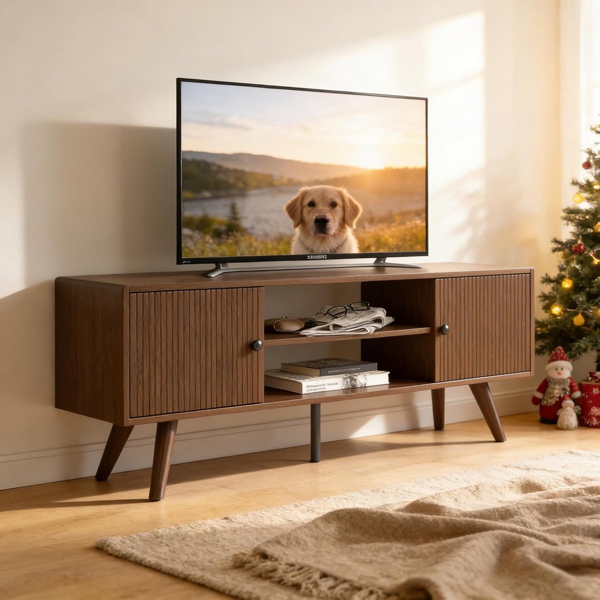 Tv-kast 140x35x50 cm Walnoot | Staand Lowboard met 2 Opbergvakken en 2 Open Planken | Houten TV-dressoir voor 55 Inch Televisie | Massief Houten Pootjes | Landelijke en Moderne Stijl – Abkantoor