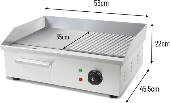 VERTES Grillplaat Braadplaat Plancha Grill Elektrisch 3000W van roestvrij staal Grilloppervlak Glad & Met groeven 55x35cm, Thermostaat, Temperatuur 50-300°C, Spat- & Warmtebescherming — afbeelding 2