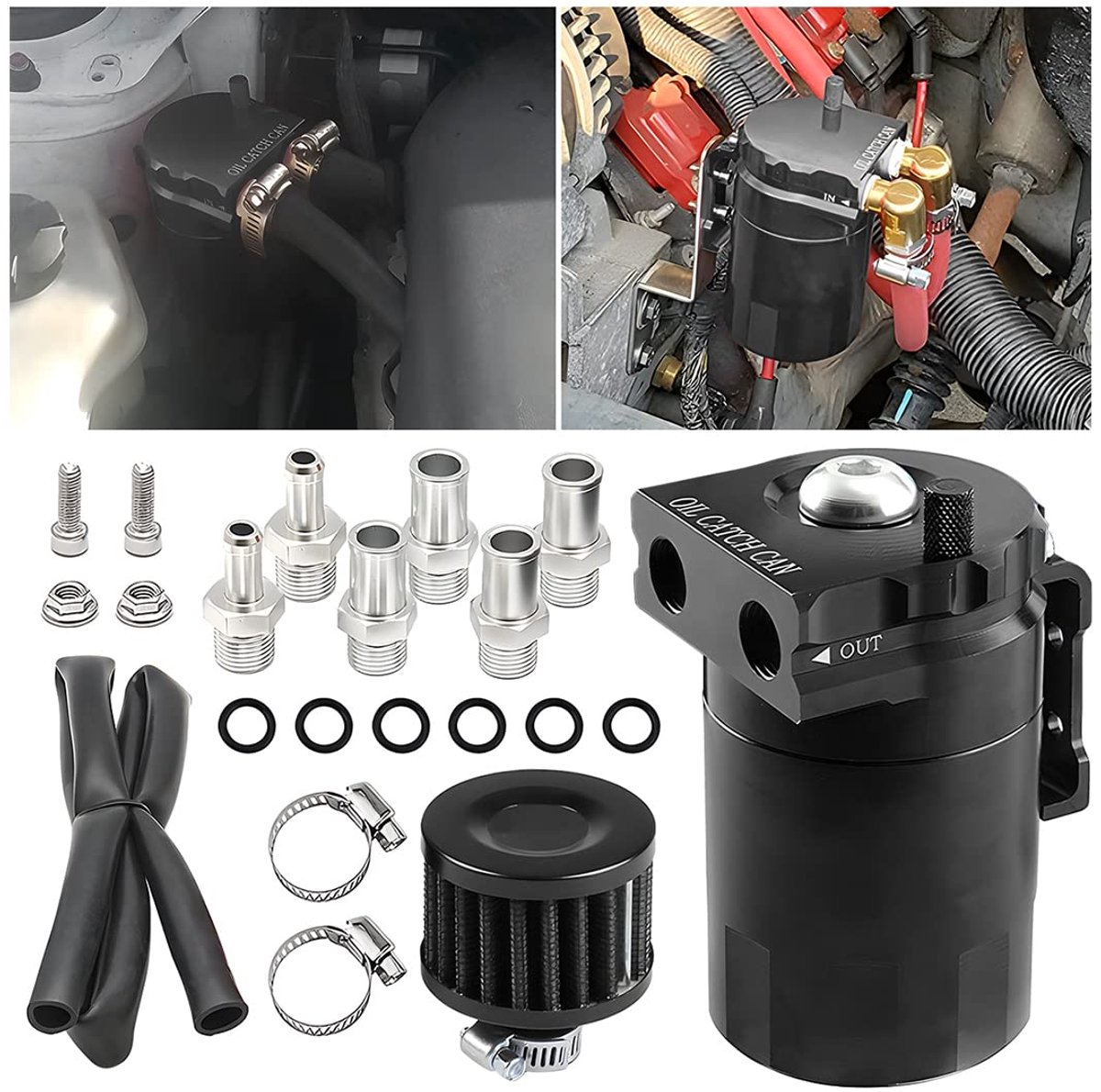 Olieopvangset voor Auto en Motor - Baffled Aluminium Tank met Luchtfilter - 300 ml Inhoud