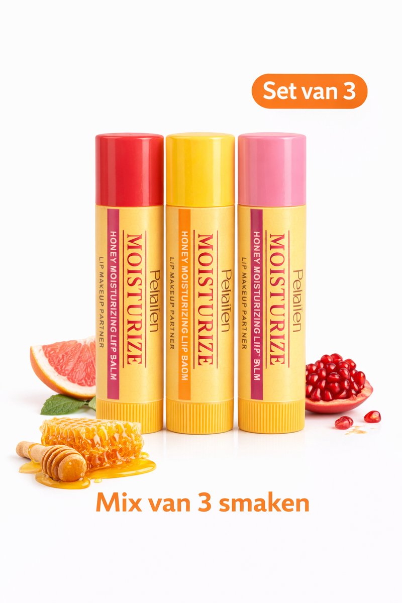Set van 3 lippenbalsem – Grapefruit, Honing & Granaatappel – hydratatie met sheaboter & bijenwas – 3 × 4.7 g