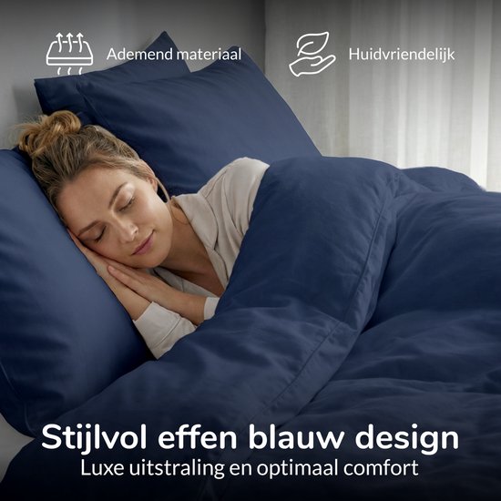 Decoware Dekbedovertrek Uni 240x220 cm - Donkerblauw - Katoen - Met Kussenslopen - Lits-jumeaux van Decoware — afbeelding 3