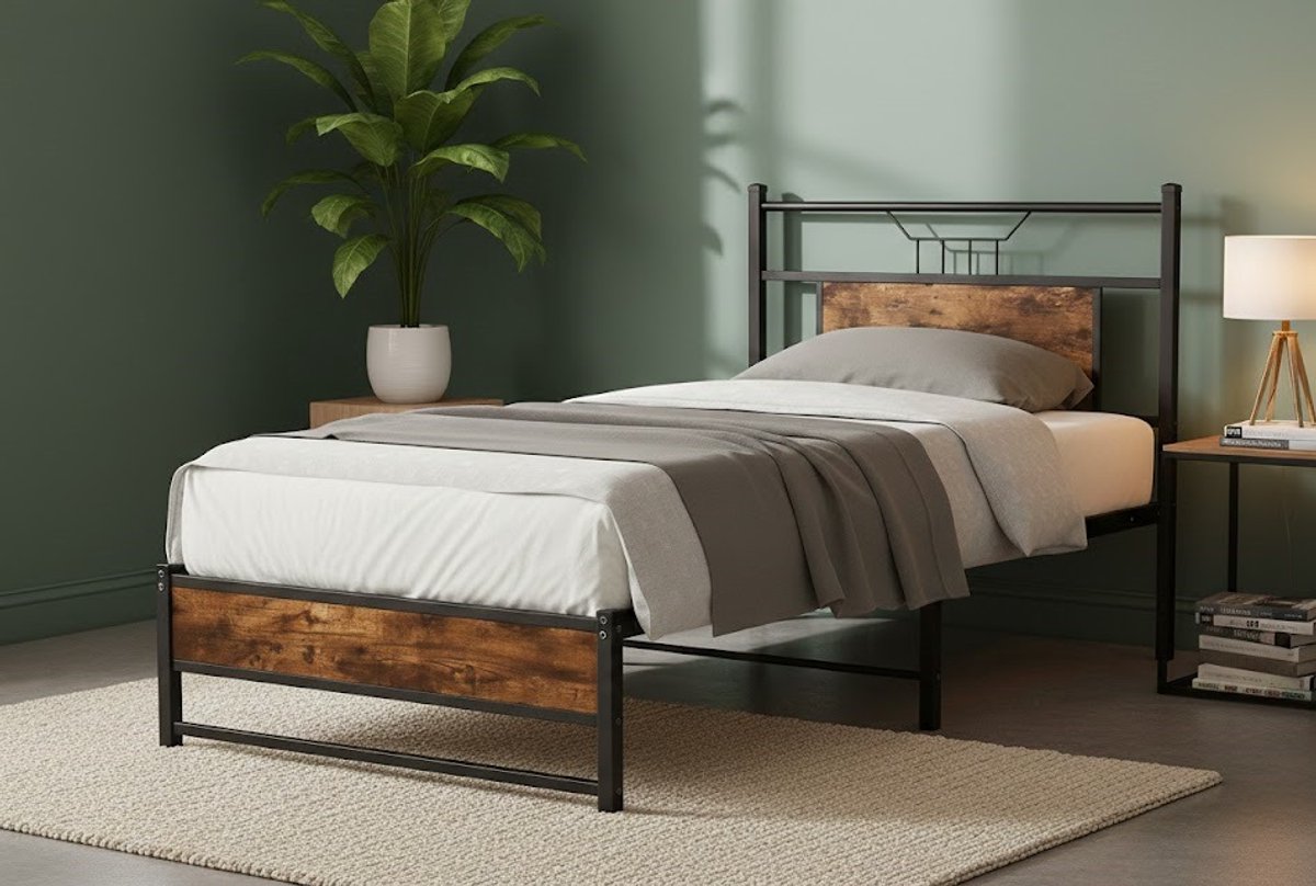 Luxe Industrieel Metalen Bedframe met Hoofdbord & Opbergruimte 80x200 cm – Sonoma Eikenlook House & Graden