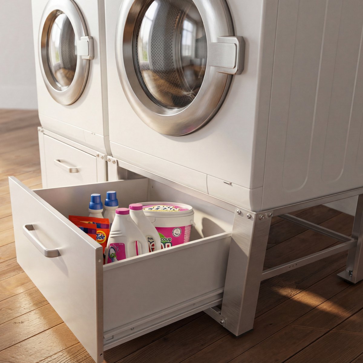 Vonia Verbindingsframe Droger Wasmachine - Afstandhouder wasdroger - Verbindingsframe met waslijn - Uittrekbare handdoekhouder - Tussenbouwframe - Universeel (Zwart