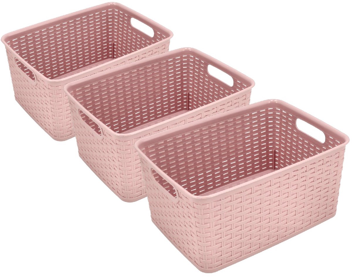 Opbergmanden 10L Roze – Set van 3 Mandjes Riet Kunststof – Opbergbox en Opbergdoos – Kast Organizer – Opbergmand Kinderkamer – 33x22x15,5 cm