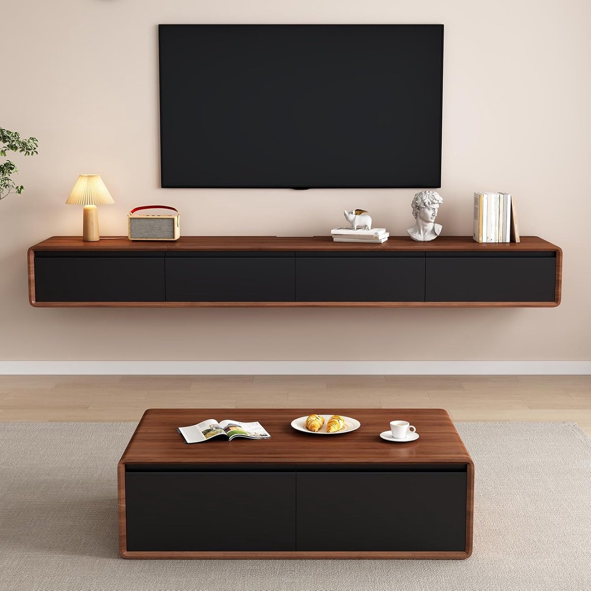 Zwevend TV Meubel 200x24x20 cm – Walnoot/Zwart – Wandgemonteerde TV Kast met 2 Klepdeuren en 2 Lades – Moderne Media Console & Entertainment Center – Abkantoor