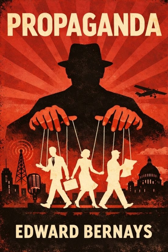 Boekomslag met de titel "Propaganda" en de naam Edward Bernays. Een schaduwfiguur met hoed trekt aan de touwtjes van drie poppen die door een stad lopen. Een vliegtuigje is te zien in de lucht.