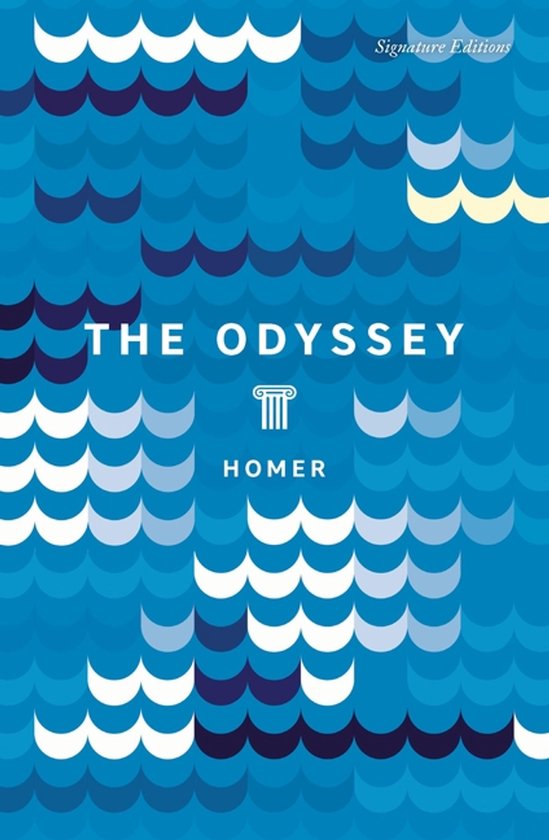 Couverture du livre 'The Odyssey' par Homère, motif de vagues bleues.