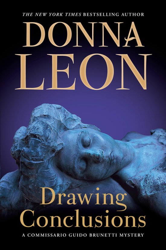 Couverture du livre "Drawing Conclusions" de Donna Leon, un mystère du Commissario Guido Brunetti. Une sculpture bleu-gris avec les yeux fermés au premier plan.