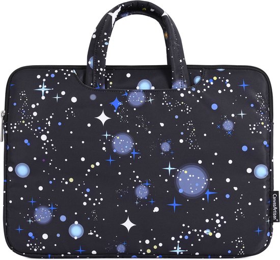 Housse d'ordinateur portable noire avec poignées, imprimée d'un motif d'étoiles bleues et blanches.