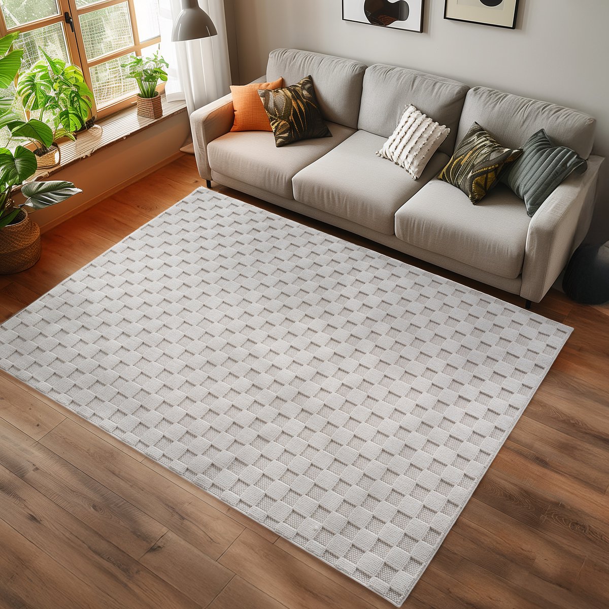 Ayyildiz Helix Geruit Vloerkleed Creme 80x250 cm – Laagpolig Tapijt met Ruitpatroon – Modern Vloerkleed voor Woonkamer en Slaapkamer