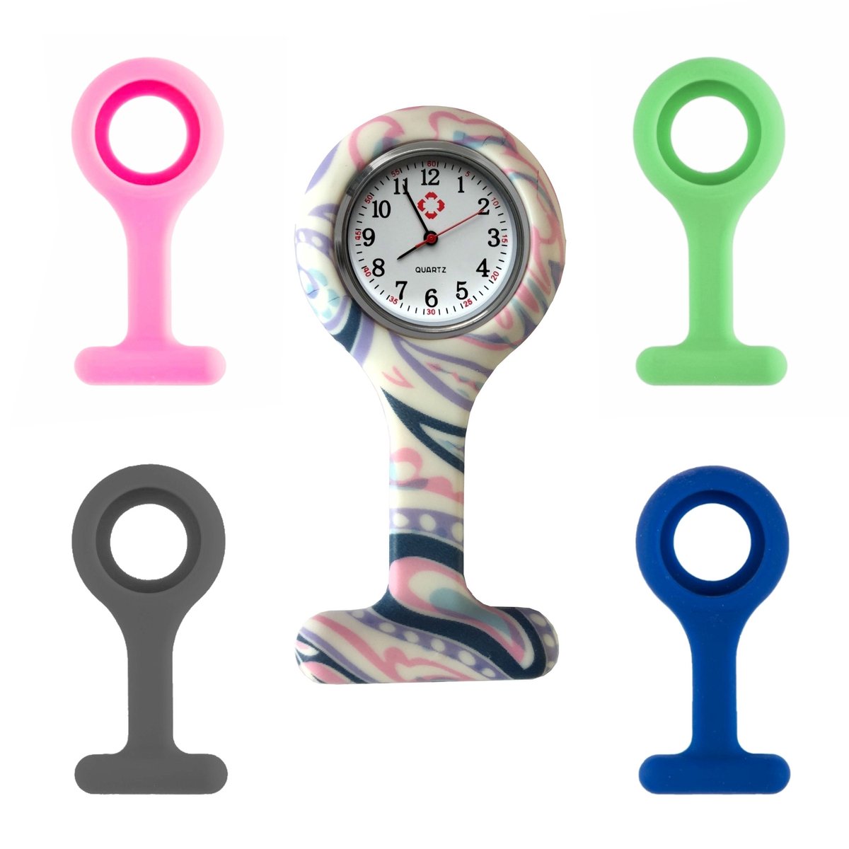 Fako - Verpleegstershorloge - Zusterhorloge - Siliconen RVS Set II - 5 Hoesjes RVS Klokje