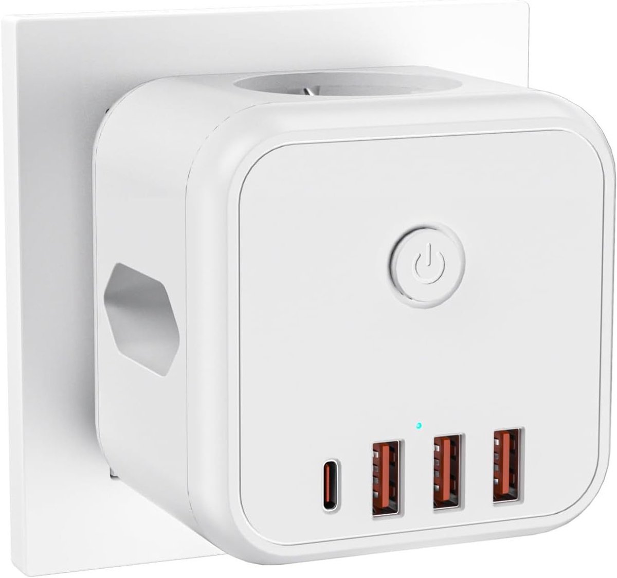 multifunctioneel stekkerblok met schakelaar, meerdere stopcontacten, ondersteuning voor Type C slim opladen en wandmontageadapter.