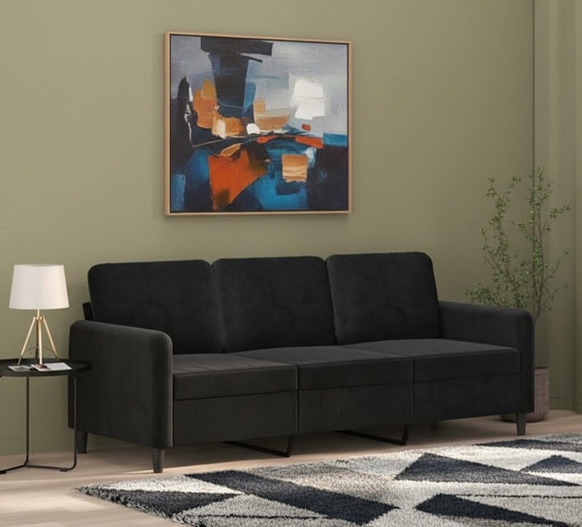 Luxueuze 3-zits Fluwelen Bank Zwart – Moderne Design Sofa met Metalen Frame, Comfortabele Lounge Woonkamerbank met Armleuningen en Rugkussen – House&Garden