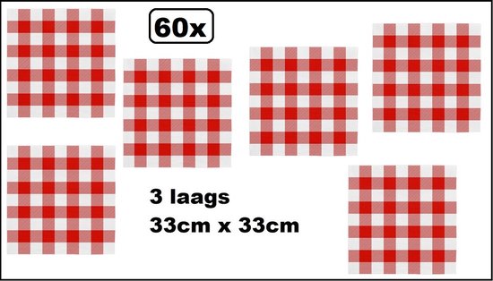 60x Servetten Boerenbont rood/wit 33cm x 33cm - 3 laags - Luxe Servet diner eten knoeien restaurant Oktoberfest geruit rood/wit BBQ thema feest verjaardag feest