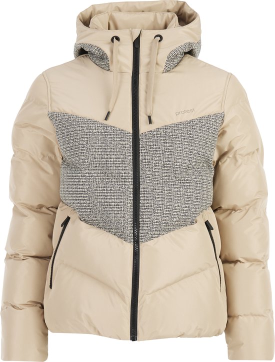 Beige winterjas met visgraatprint op borst en capuchon. Rits met trekkoord en zwarte accenten.