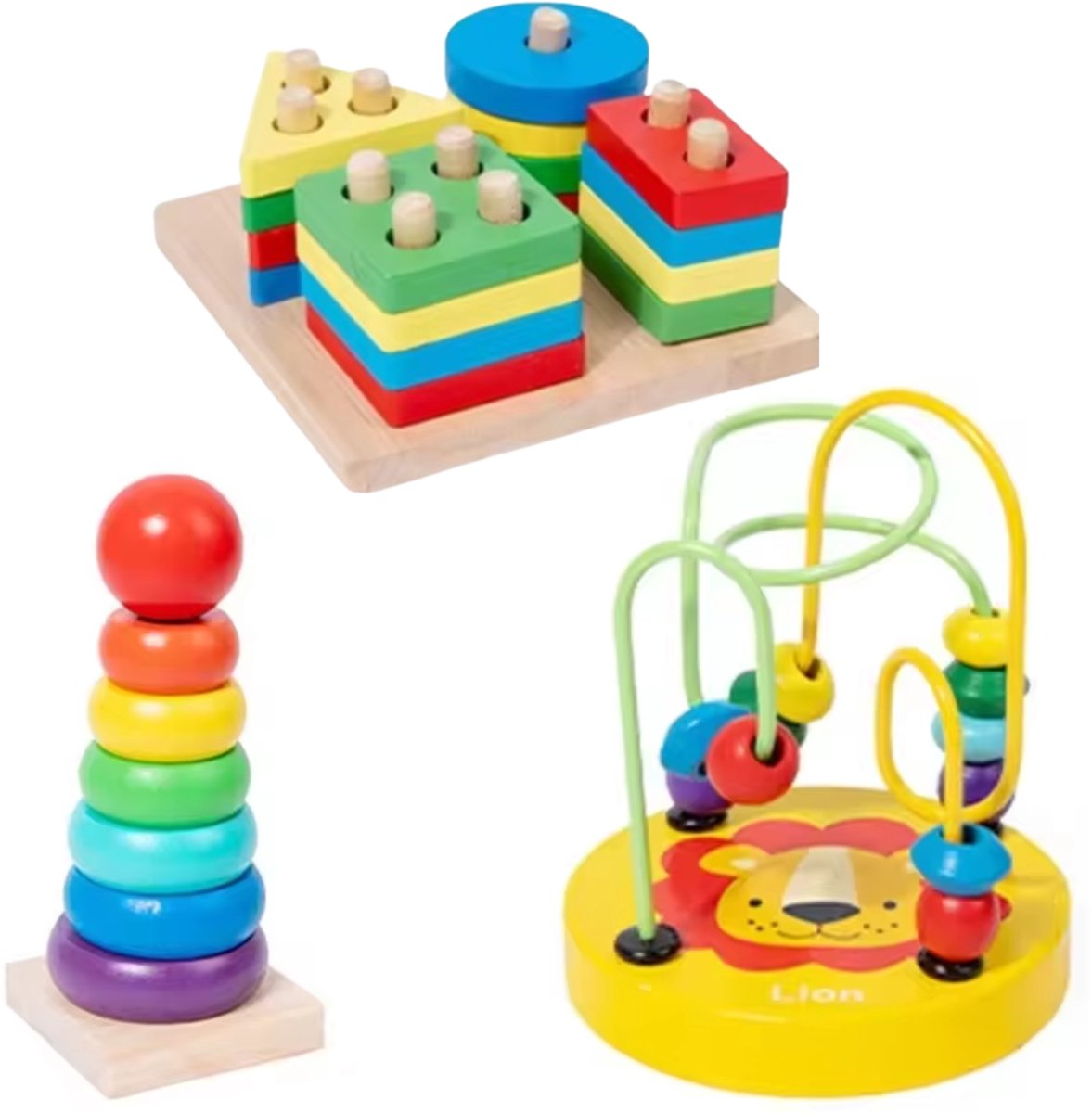DMG Supply Houten Speelgoed Set - Montessori Speelgoed - Vormenstoof - Kralenspiraal - Regenboogstapelaar - Vanaf 3 Jaar