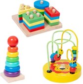 DMG Supply Houten Speelgoed Set - Montessori Speelgoed - Vormenstoof - Kralenspiraal - Regenboogstapelaar - Vanaf 3 Jaar