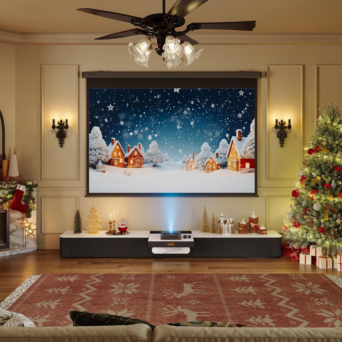 TV-meubel voor projector 200 cm – Modern wit en zwart met lade-opslag, gesinterde steen bovenblad, MDF eikenfineer – Abkantoor