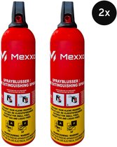 Twee identieke rode Mexxo sprayblussers naast elkaar, met zwarte spuitkoppen en oranje handvatten. Tekst '2x'.