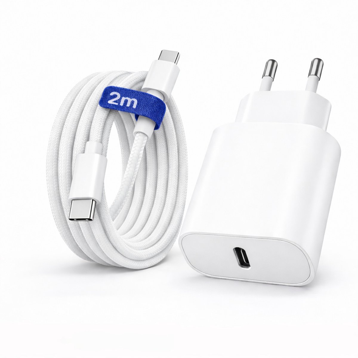 Adapie USB-C Oplader 20W Snellader + 2M USB-C naar USB-C Kabel – USB-C Adapter - Oplader set - Wit