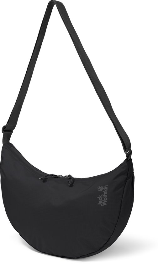 Zwarte schoudertas met een gebogen vorm en een kleine Jack Wolfskin-logo.