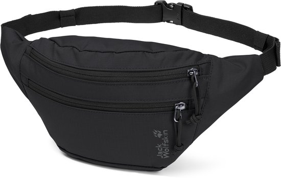 Banane noire Jack Wolfskin avec sangle réglable, boucle et trois fermetures éclair.