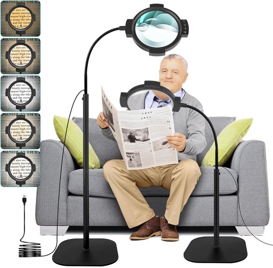 Azomor® 10X / 30X Vergrootglas met Verlichting – 2-in-1 Staande Vergrootlamp – 54 Dimbare LED’s – 3 Lichtstanden – Voor Lezen, Naaien & Precisiewerk
