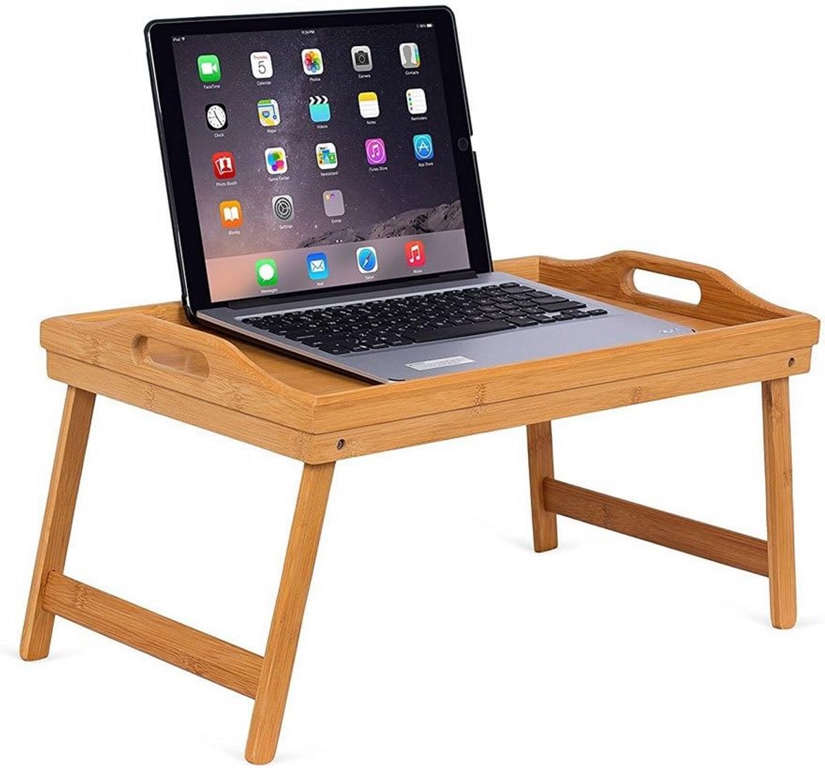 Opvouwbaar Bamboe Bedtafel met Poten en Handvatten Ontbijt Laptoptablet