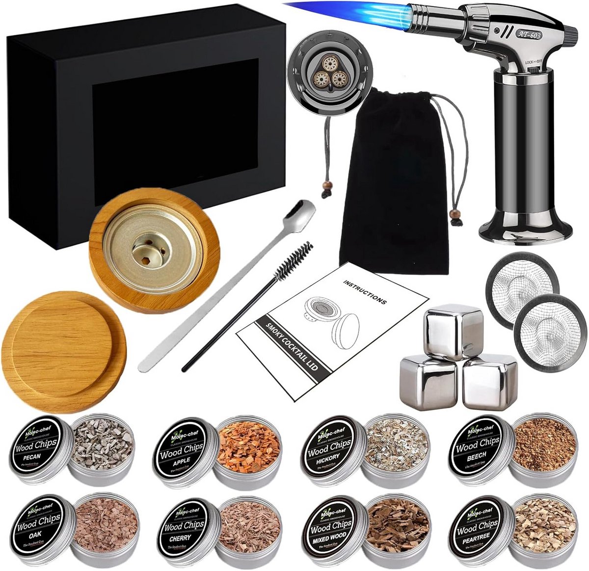 Professionele Cocktail Rookset met 8 Houtsoorten voor Whisky en Gin