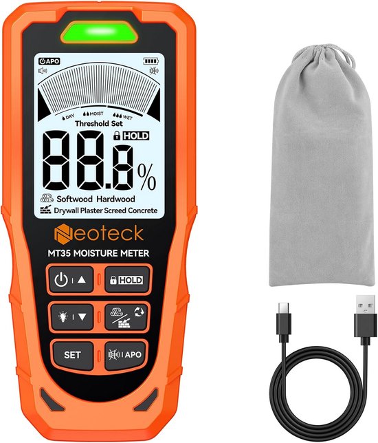 WM70 Draagbare Vochtmeter – Voor Hout, Gips, Metselwerk, Met Temperatuurmeting En LCD-achtergrondverlichting