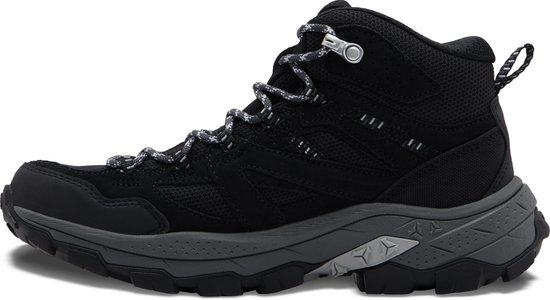 Chaussure de randonnée mi-haute noire avec lacets et semelle gris. Logo Jack Wolfskin sur le côté.
