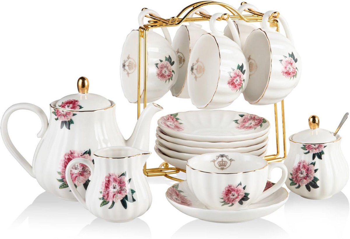 Elegante Porseleinen Theeset voor Zes Personen met Theepot en Accessoires Roze