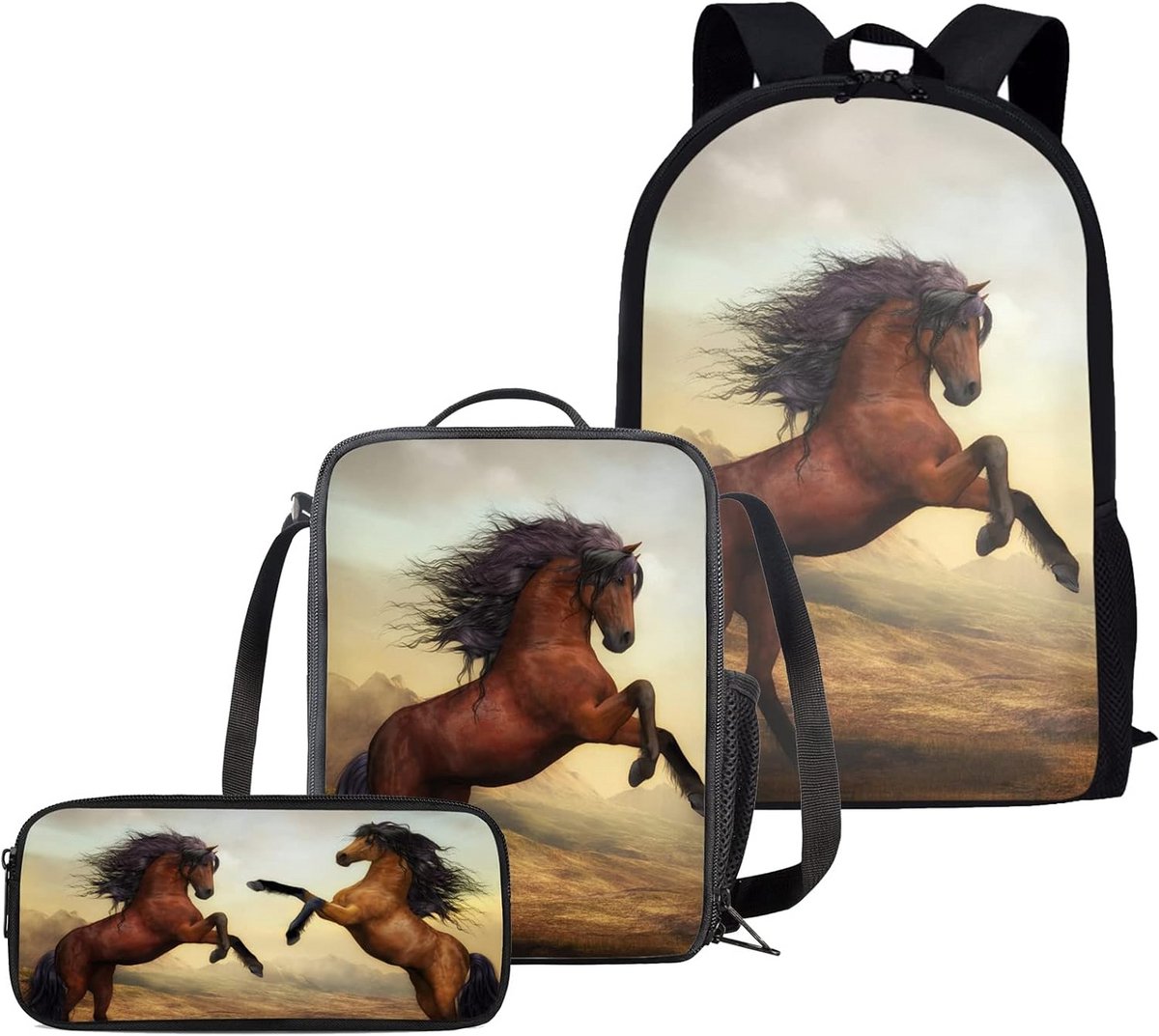 3-Delige Schooltas Set voor Kinderen met Rugzak, Lunchtas en Pennenzak Paardenprint