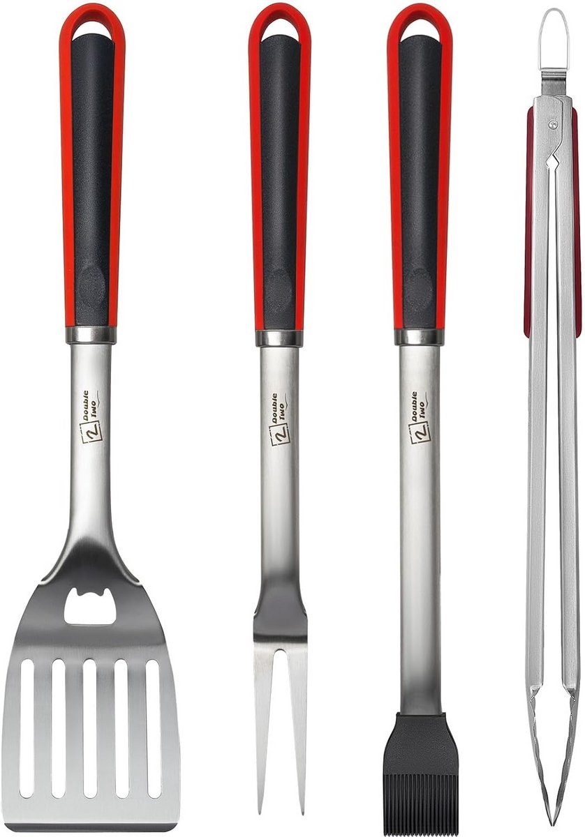 4-delige BBQ Gereedschap Set met Tang, Vork, Spatel en Borstel voor Grillen