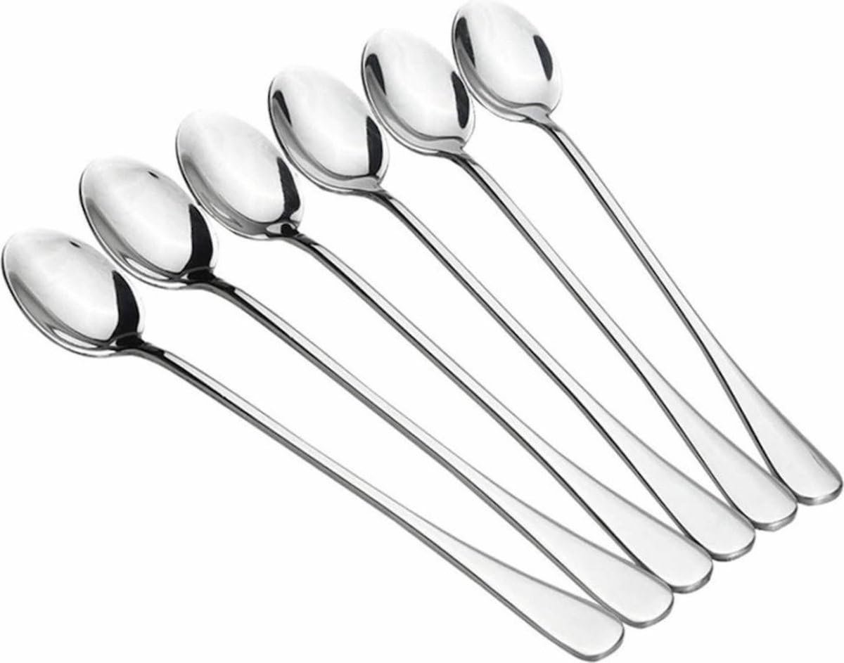 Okado Longdrinklepels 6 Stuks RVS Zilver 19 cm – Lange Dessertlepels voor Latte Macchiato, Yoghurt en IJs – Roerlepels voor Lange Glazen – Vaatwasserbestendig