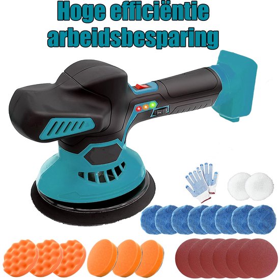 Polijstmachine met accessoires: handschoenen, polijstpads in diverse kleuren (wit, blauw, rood) en oranje sponsjes.