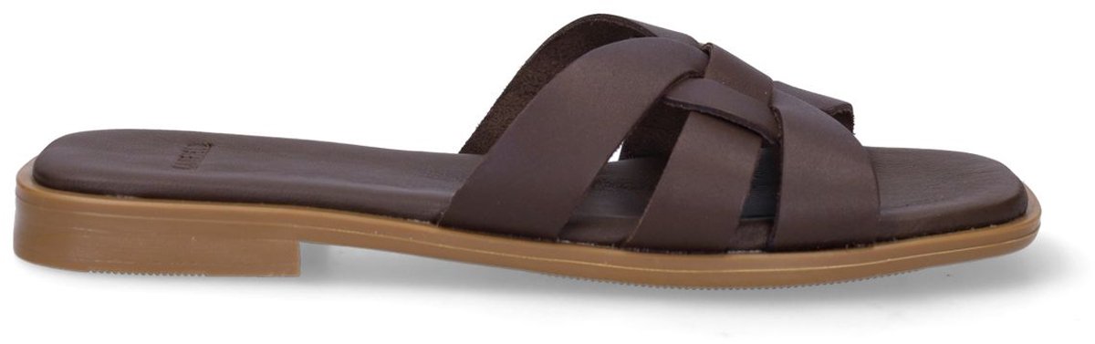 Manfield - Dames - Bruine leren slippers - Maat 36