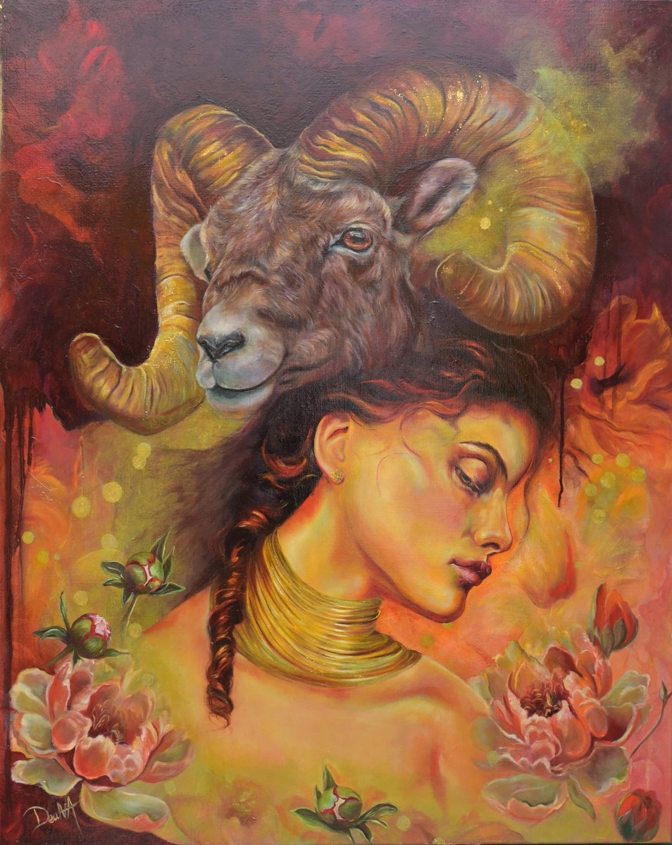 Glas schilderij - Vrouwenportret met Ram - Spirituele Kunst & Symboliek - 100 x 125 cm. - myDeaNA