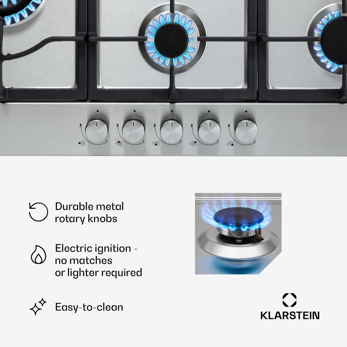 Klarstein Gaskookplaat Gasfornuis, 5-pits , Inbouw Gaskookplaat voor Thuis & Camper, RVS Campingkookplaat, Gasfornuis voor Propaan en Aardgas, Gaskookplaat met Wokbrander, Gas Kookplaat 11100 Watt,6 kW 51 cm - Gas Hob - Gas Kookveld