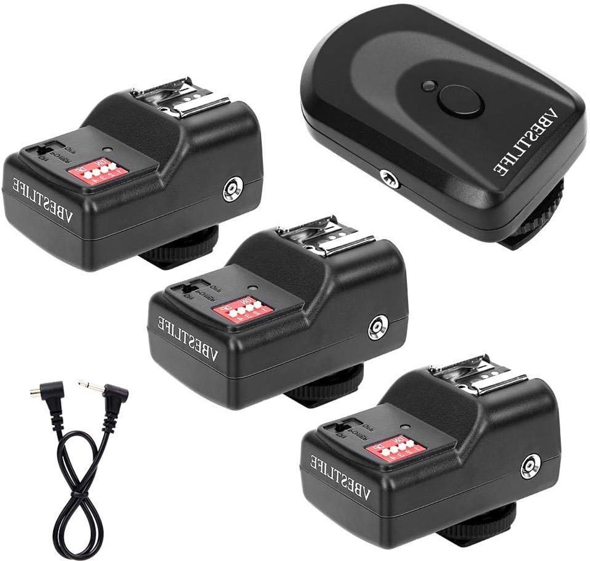 Flash trigger kit met 16 kanalen, 1 zender, 3 ontvangers en synchronisatiekabel