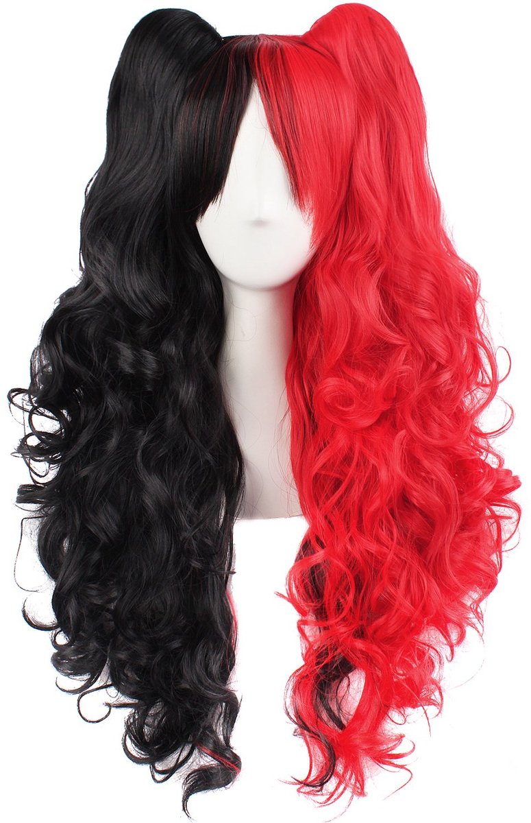 Daity Een veelkleurige Lolita-stijl pruik met lange krullen en clipsluiting voor cosplay (rood en zwart).