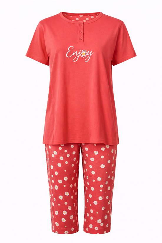 Dames Pyjama - Katoen - Zomer - 3/4 broek - Koraalrood Madelief - Maat M
