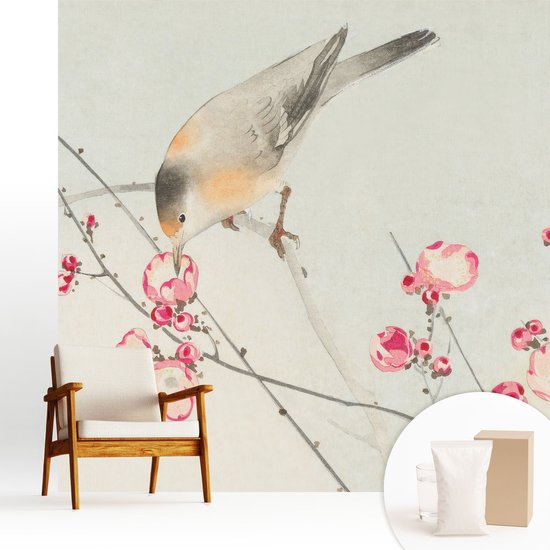 Wallfluent Behang - Bloemvogel Vliesbehang - 250x250 cm - Zwart Behang - Voor liefhebbers van geschiedenis en reizen - Behang Voor op kantoor, voor de hal, voor de woonkamer - Wanddecoratie Bloemen en planten