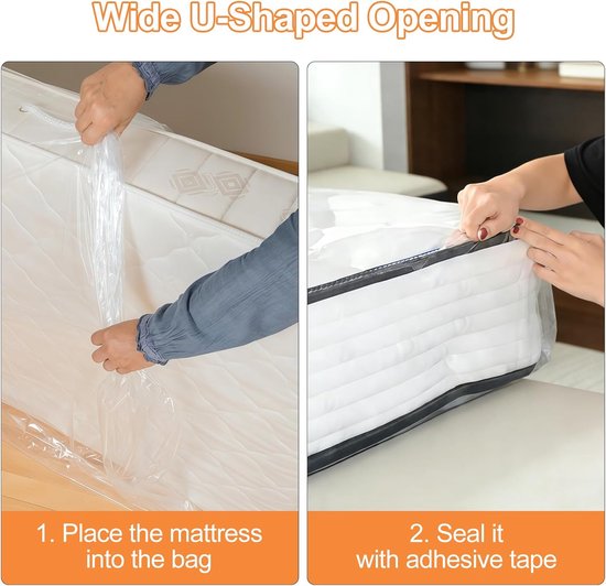 Twee stappen: matras in hoes plaatsen en verzegelen met tape, 'Brede U-vormige opening' tekst.