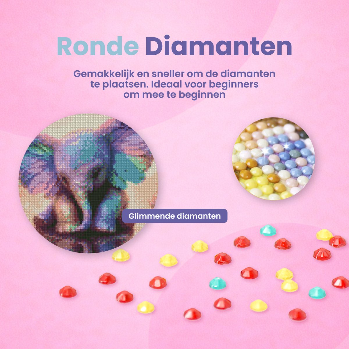 Rubye® Diamond Painting Volwassenen & Kinderen - Pakket Volledig - Olifant met Vlinders - 30x40cm — afbeelding 2